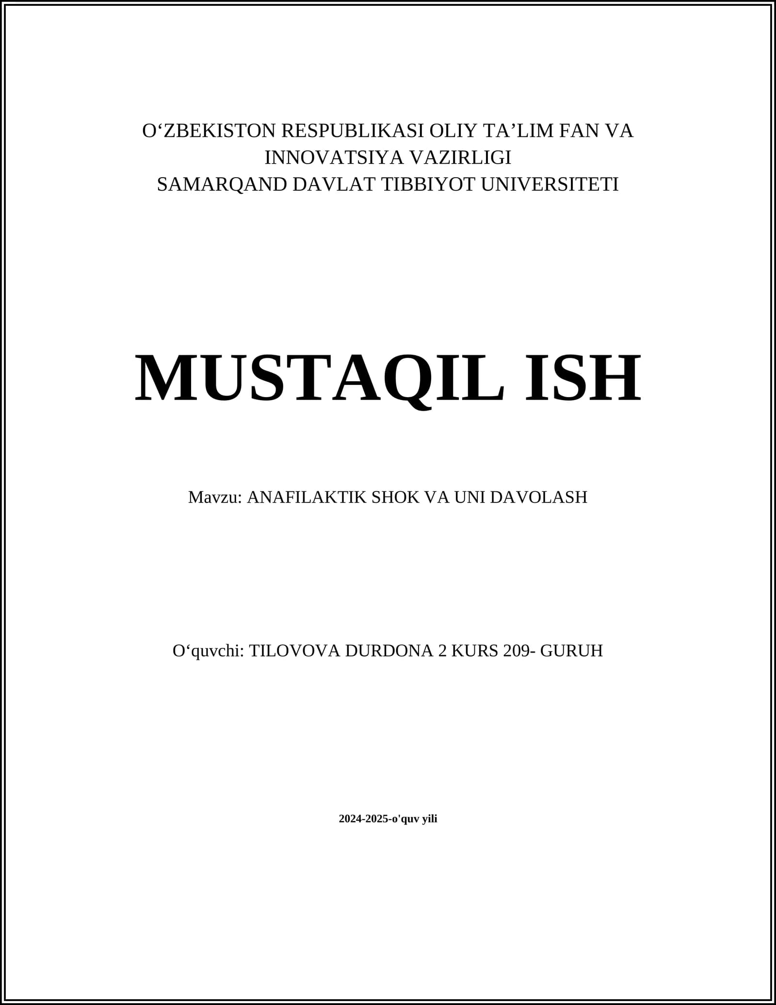 ANAFILAKTIK SHOK VA UNI DAVOLASH
