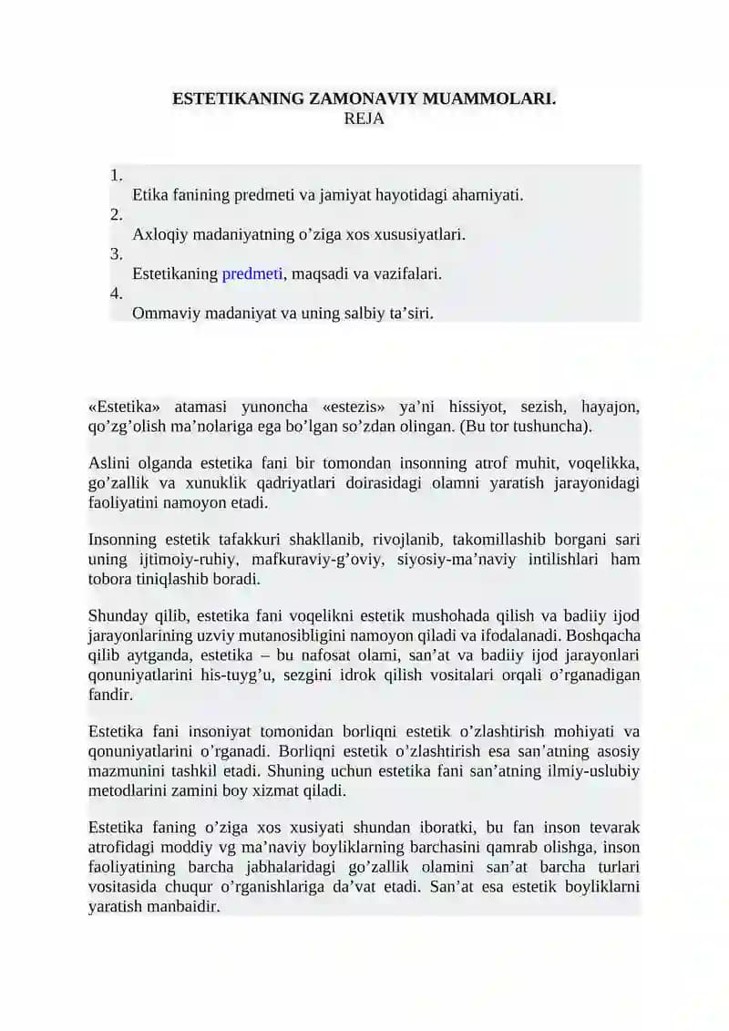 ESTETIKANING ZAMONAVIY MUAMMOLARI