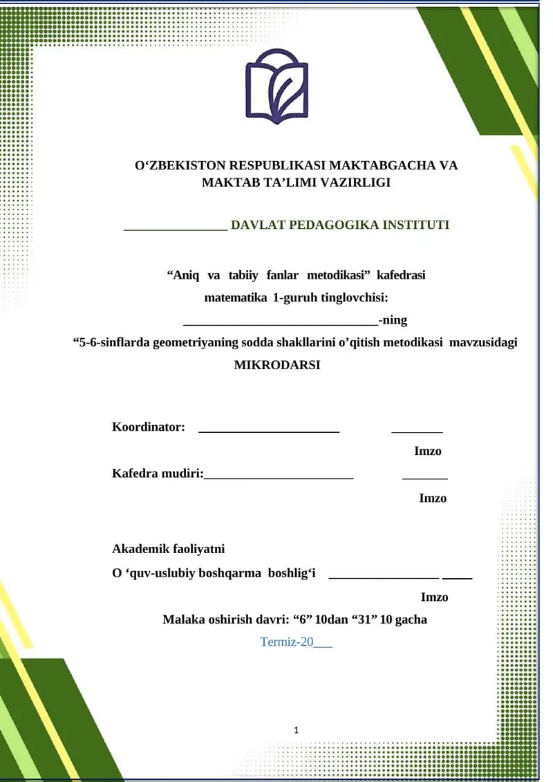 5-6-sinflarda geometriyaning sodda shakllarini o’qitish metodikasi Mikrodars