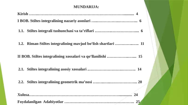 Stiltes integralining nazariy asoslari