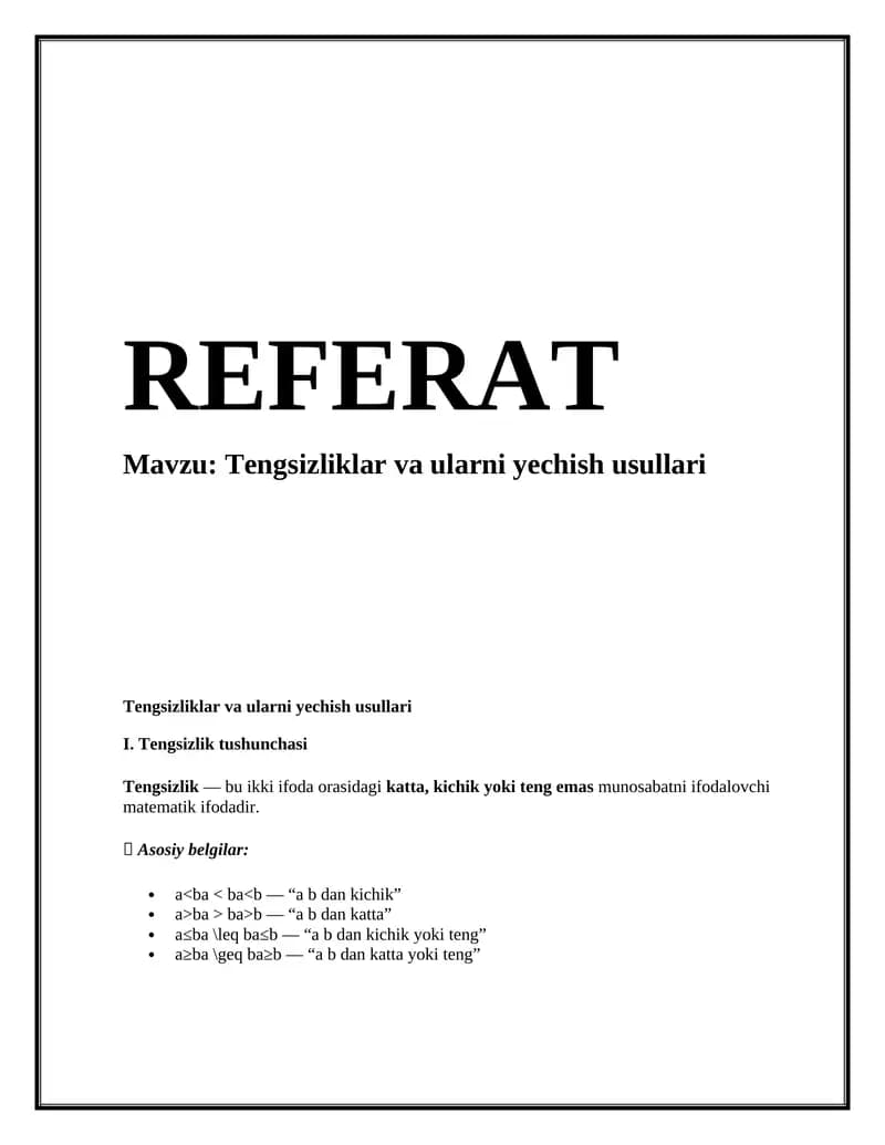 Tengsizliklar va ularni yechish usullari