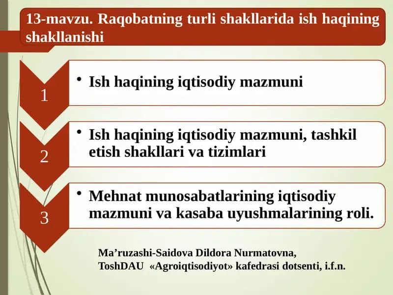 Raqobatning turli shakllarida ish haqining shakllanishi