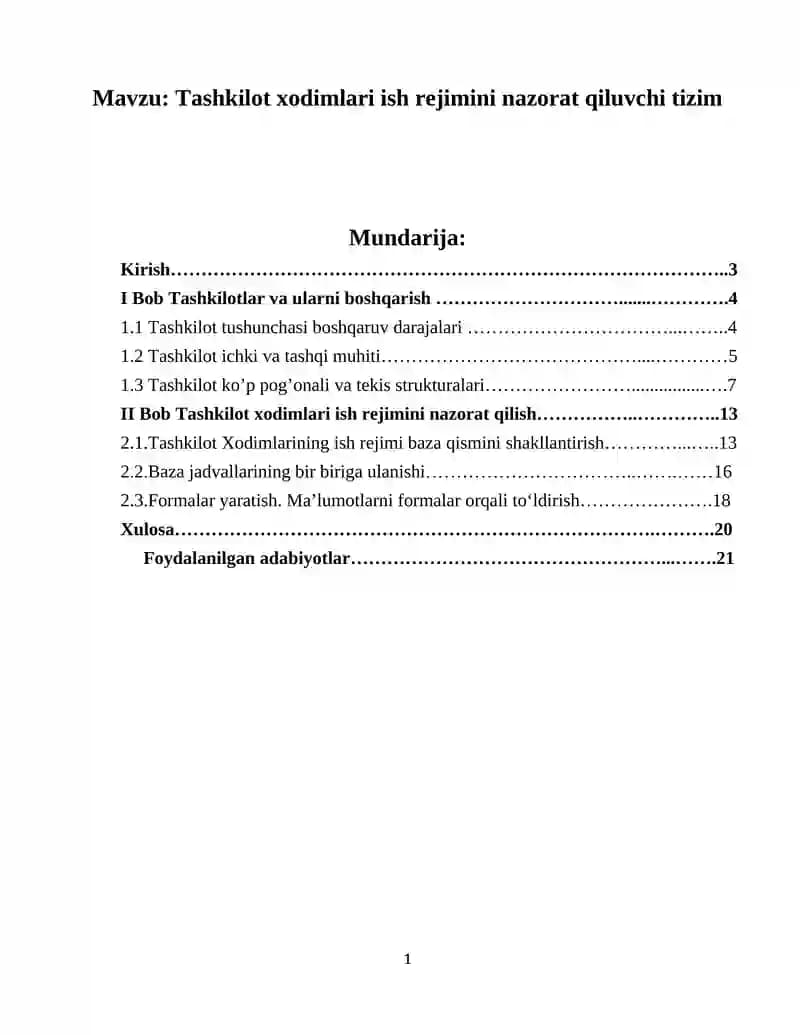Tashkilot xodimlari ish rejimini nazorat qiluvchi tizim