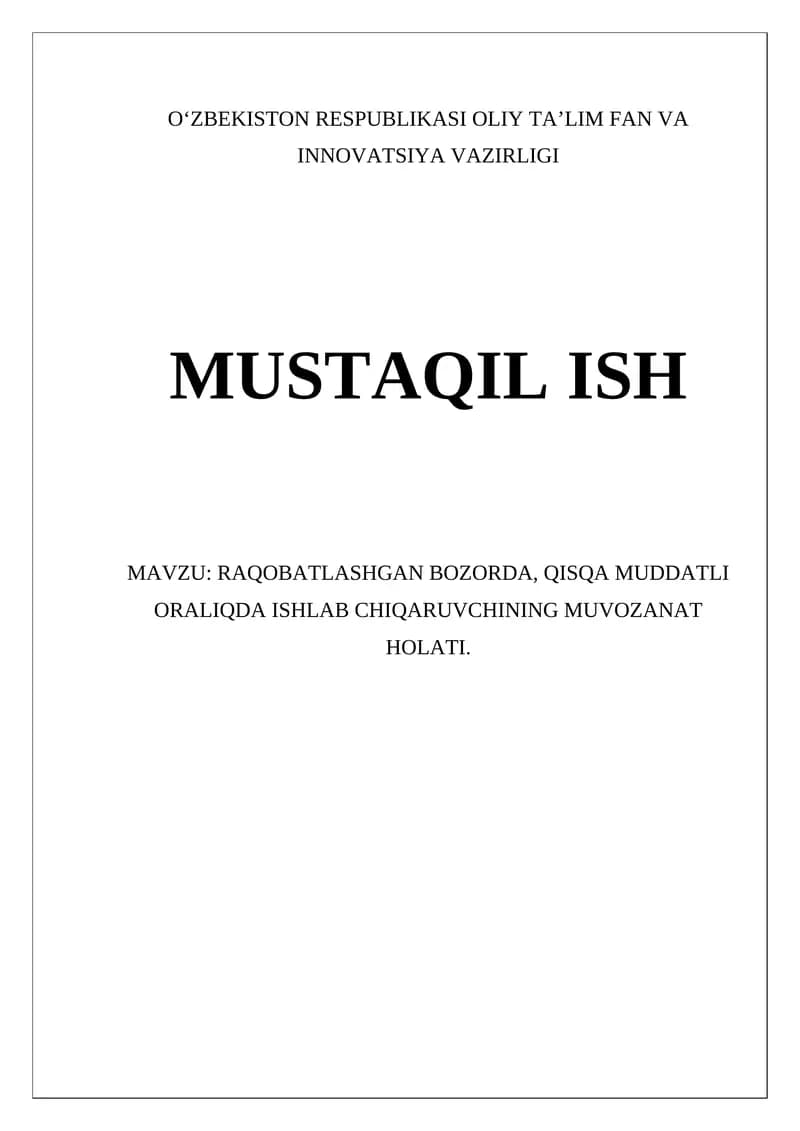 Raqobatlashgan Bozorda Muvozanat Holati