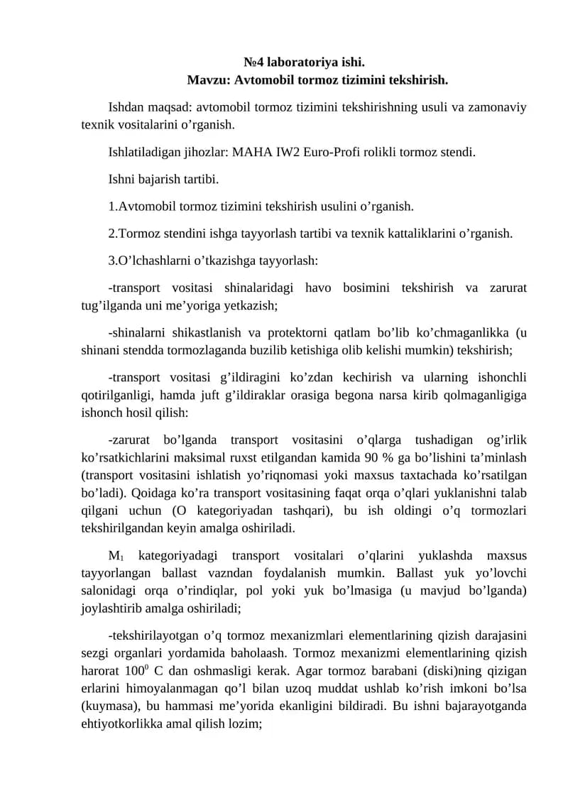 Avtomobil tormoz tizimini tekshirish