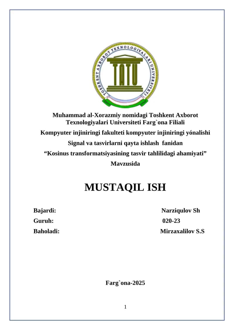 “Kosinus transformatsiyasining tasvir tahlilidagi ahamiyati”