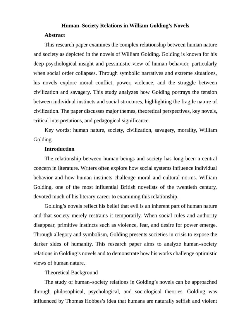 Human–Society Relations in William Golding’s Novels