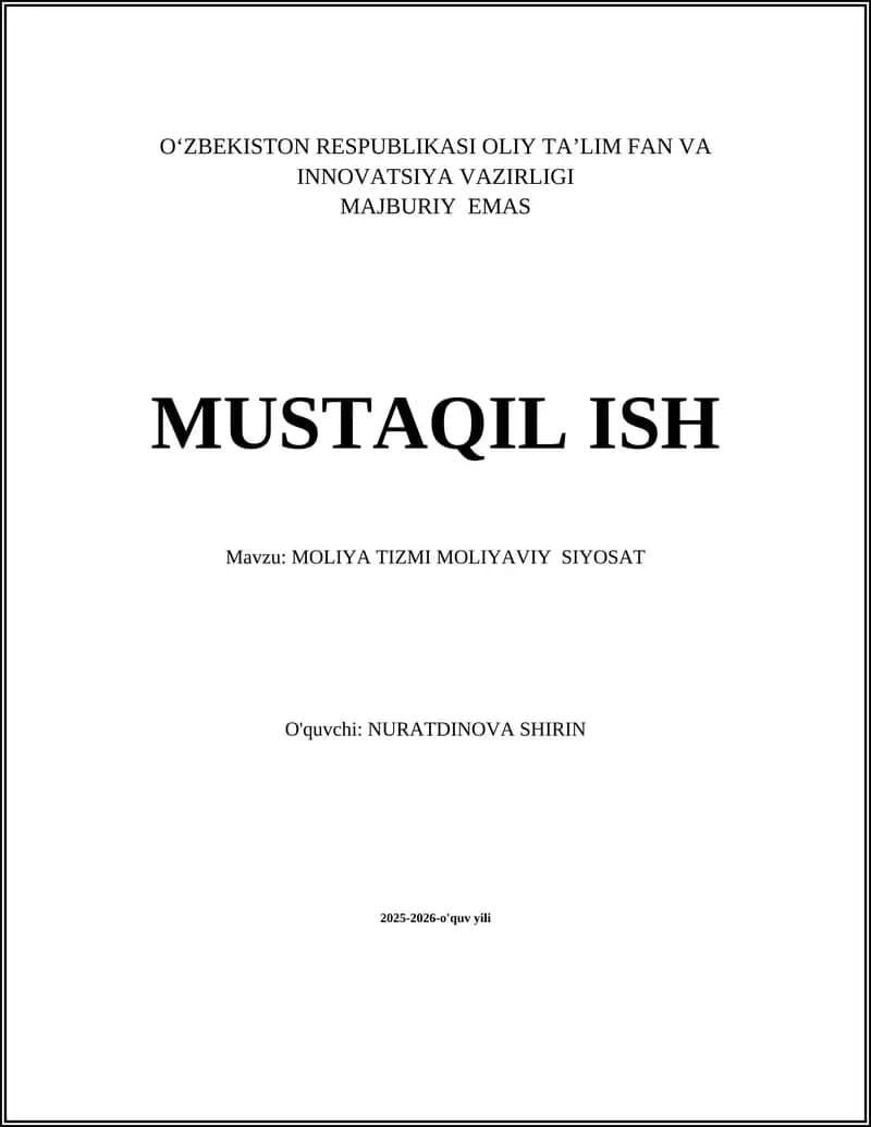 Moliya Tizmi Moliyaviy Siyosat