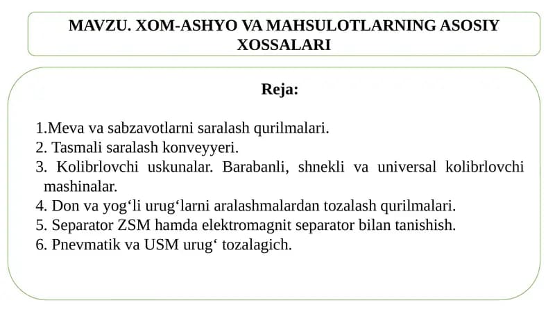Meva va sabzavotlarni saralash qurilmalari