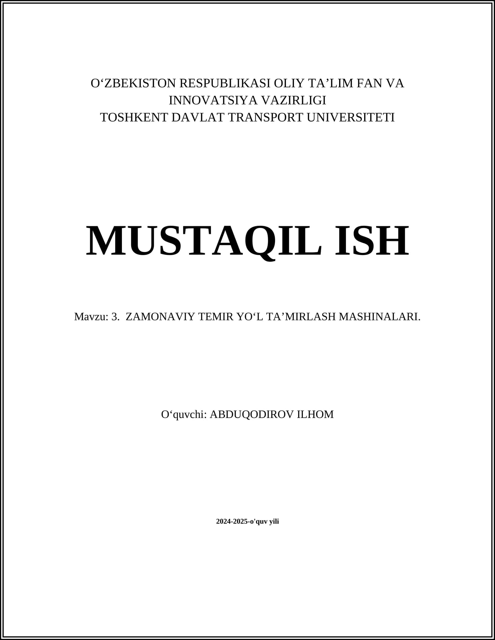 ZAMONAVIY TEMIR YO‘L TA’MIRLASH MASHINALARI