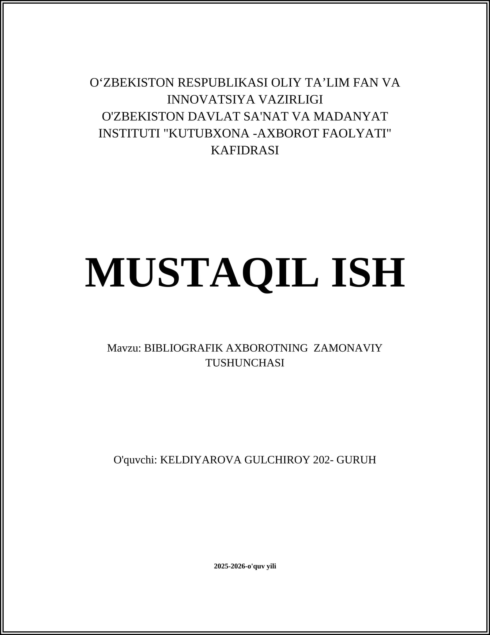 BIBLIOGRAFIK AXBOROTNING ZAMONAVIY TUSHUNCHASI