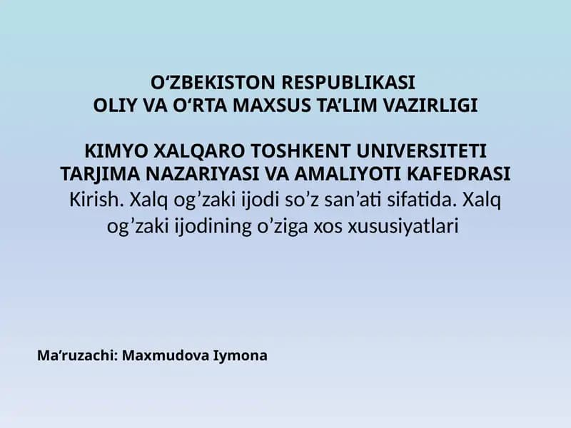 Xalq og’zaki ijodi so’z san’ati sifatida