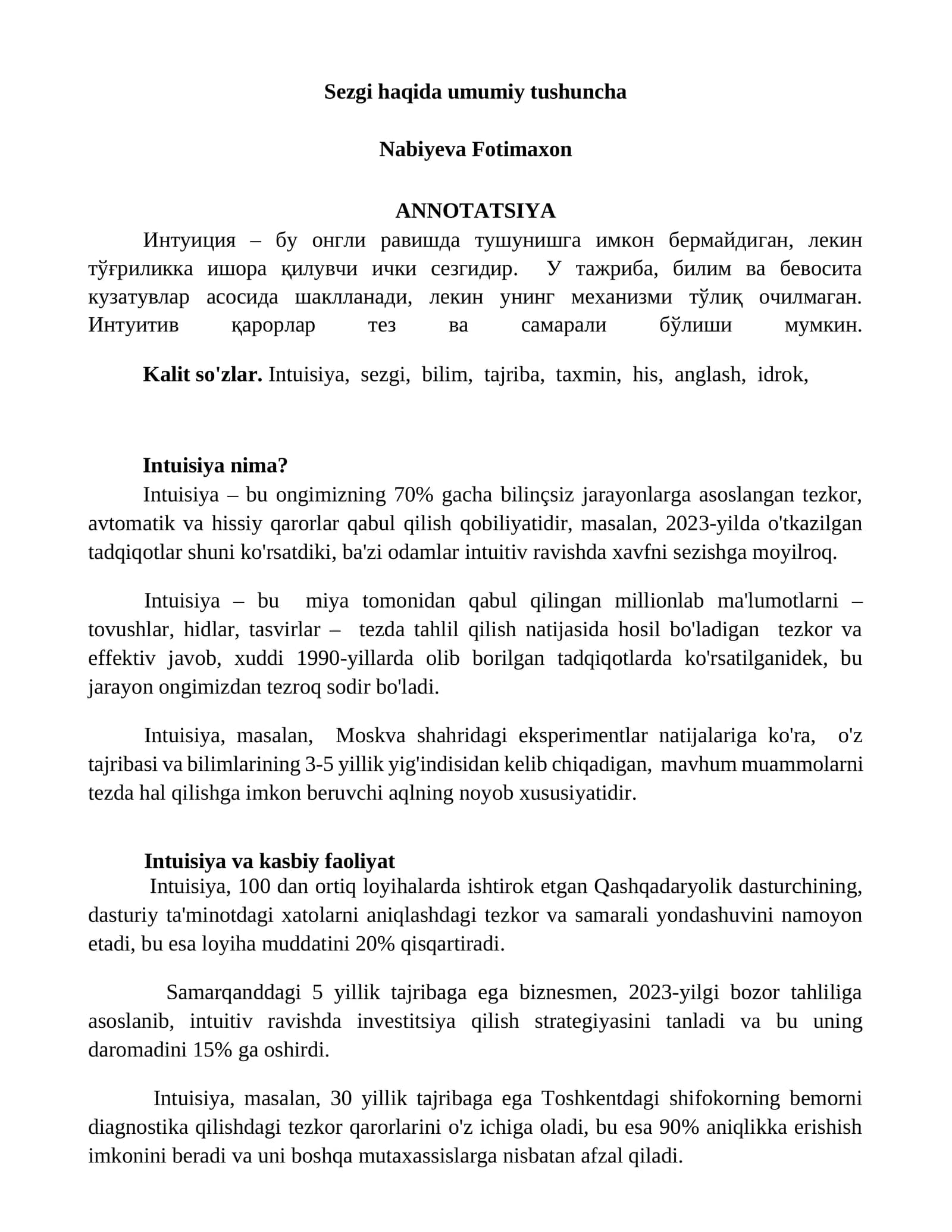 Sezgi haqida umumiy tushuncha