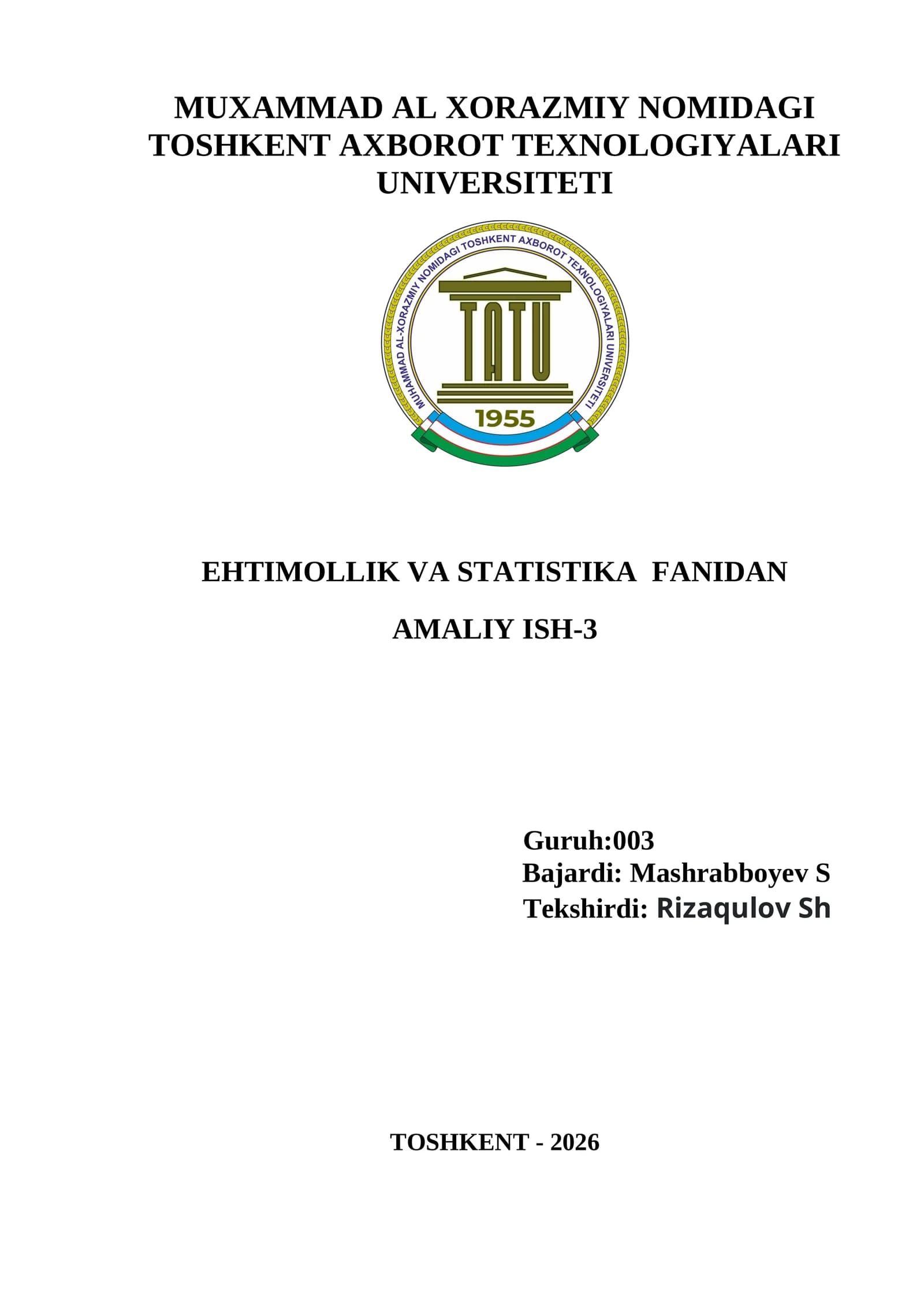 EHTIMOLLIK VA STATISTIKA FANIDAN AMALIY ISH-3 variant 8