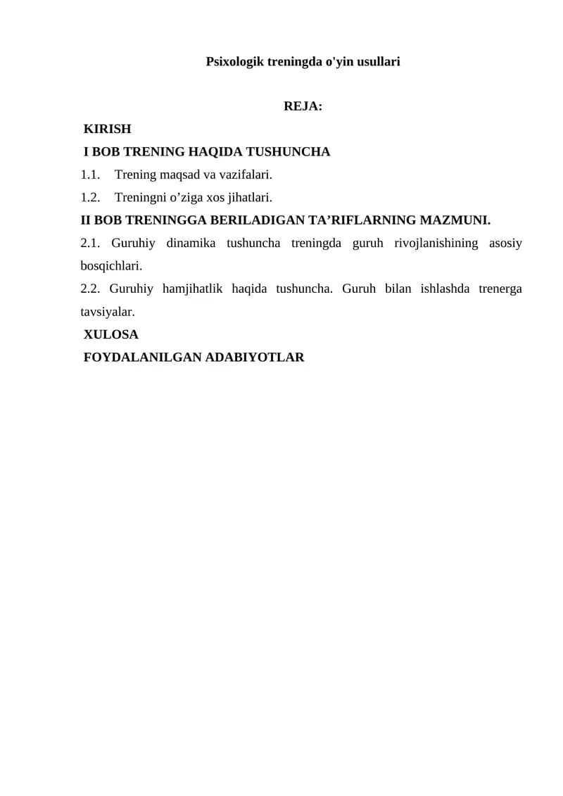 Psixologik treningda o'yin usullari