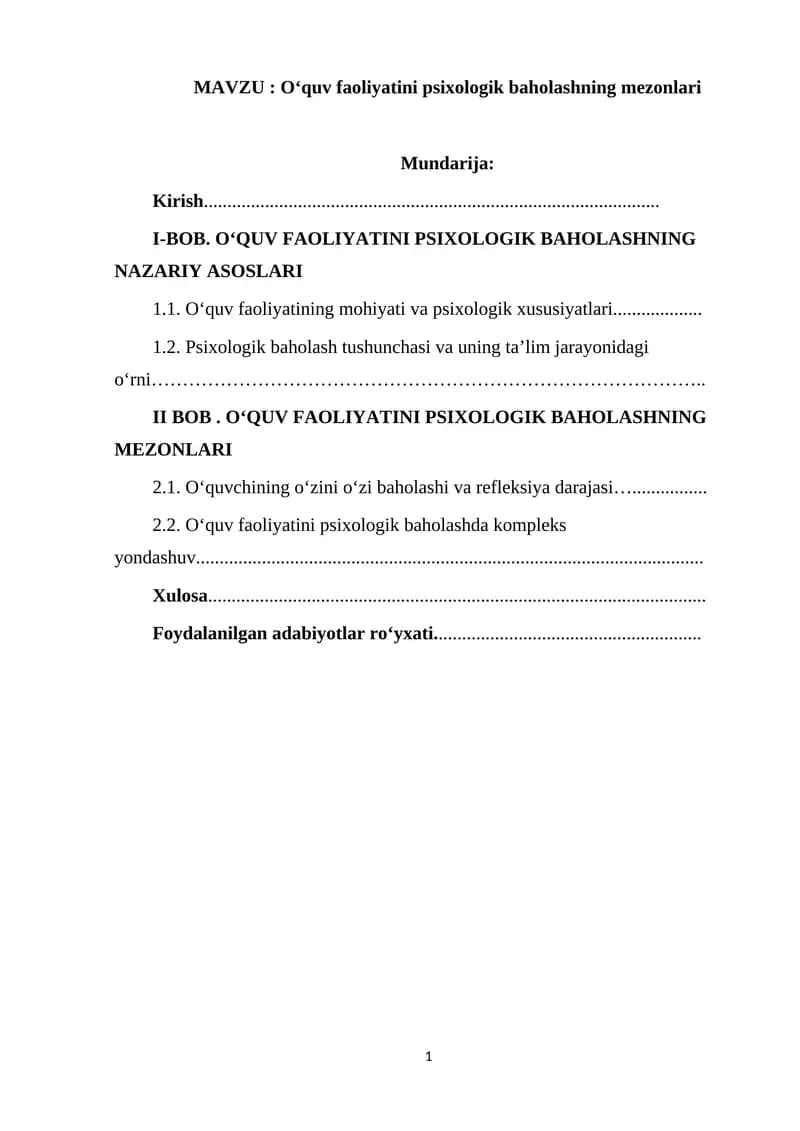 O‘quv faoliyatini psixologik baholashning mezonlari