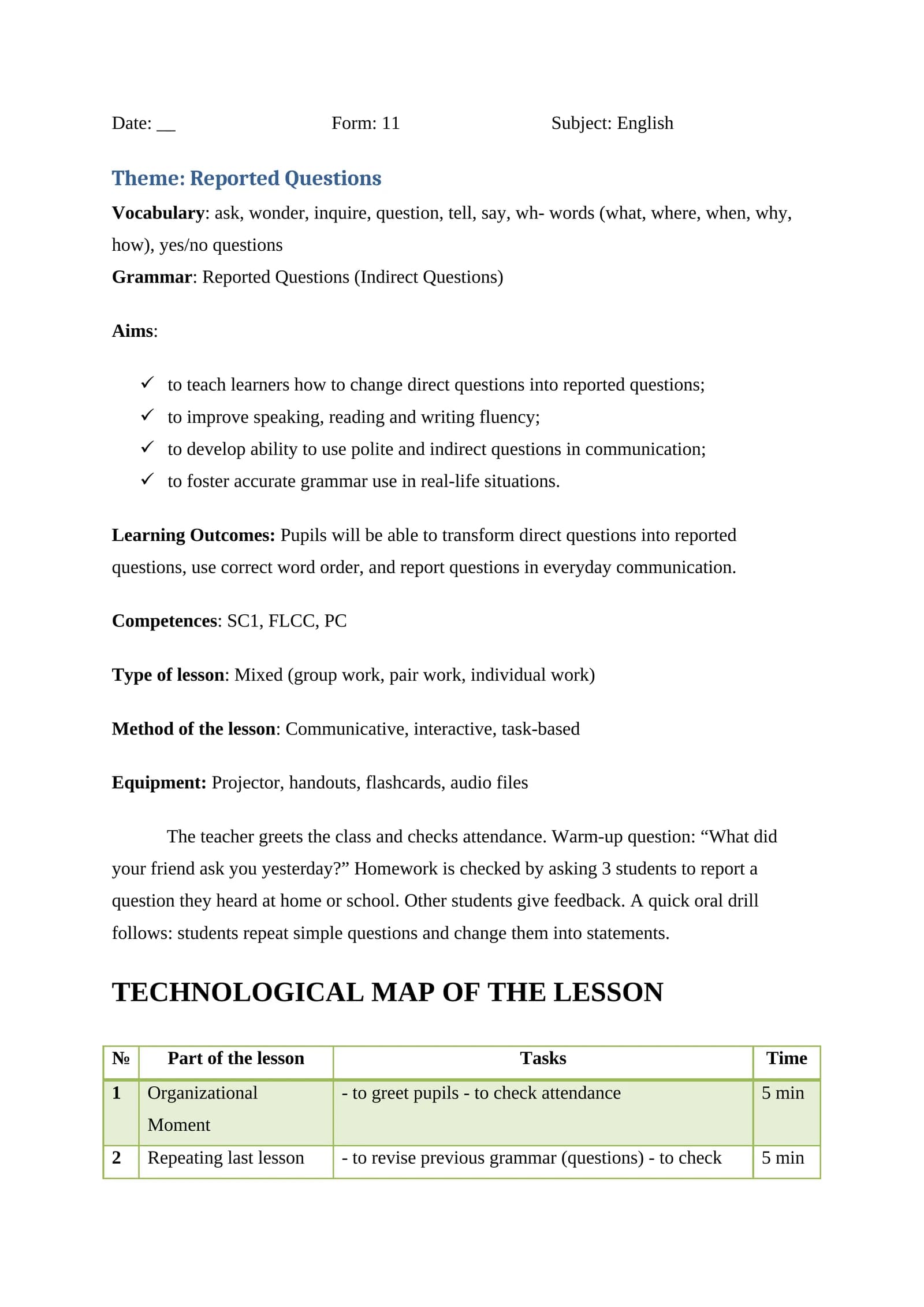 Reported Questions Lesson