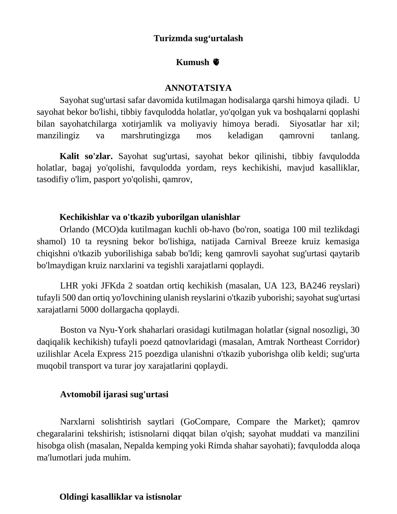Turizmda sugʻurtalash