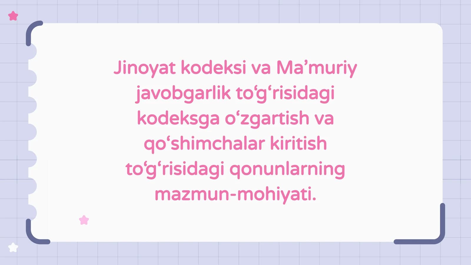Jinoyat kodeksi va Ma’muriy javobgarlik to‘g‘risidagi kodeksga o‘zgartish va qo‘shimchalar kiritish to‘g‘risidagi qonunlarning mazmun-mohiyati.