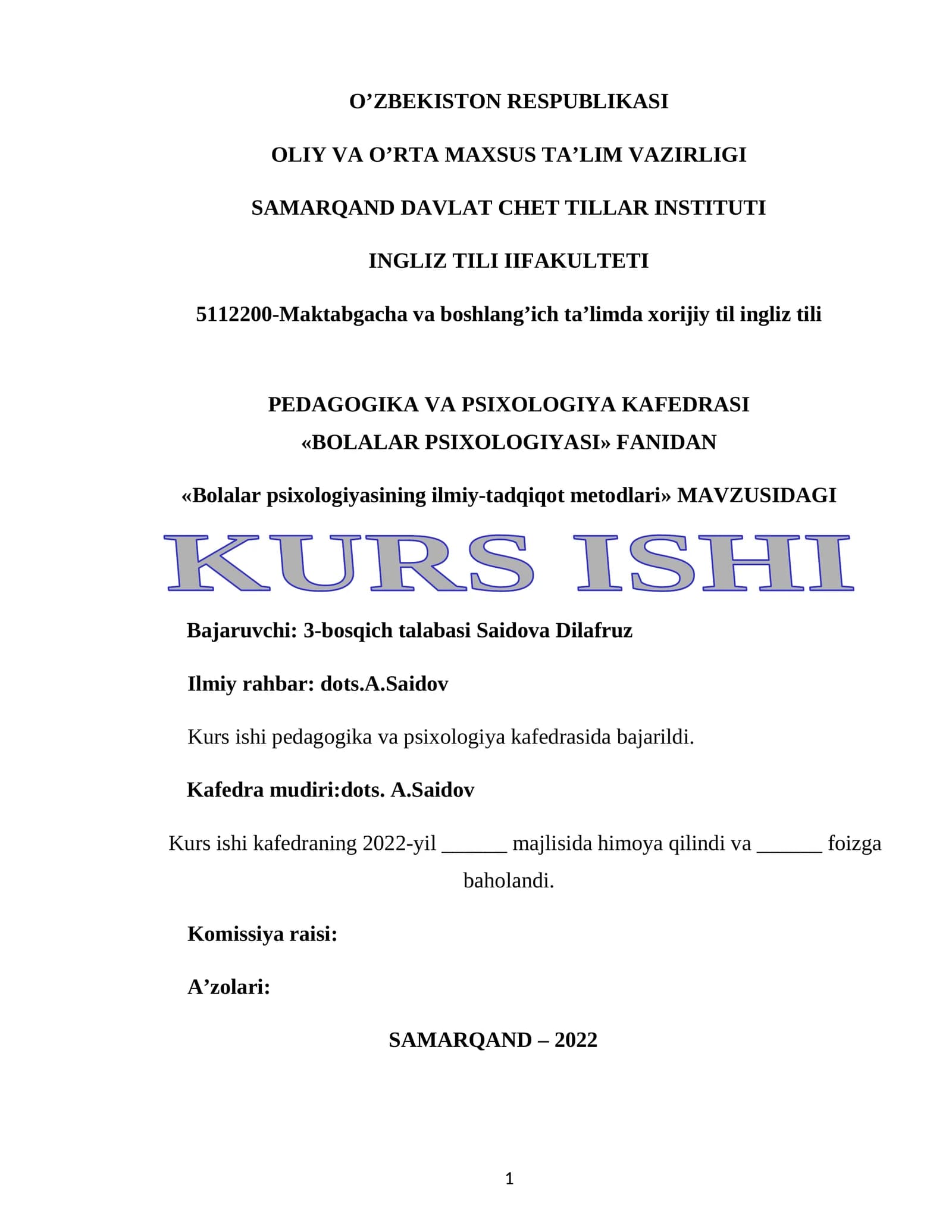 «Bolalar psixologiyasining ilmiy-tadqiqot metodlari» KURS ISHI