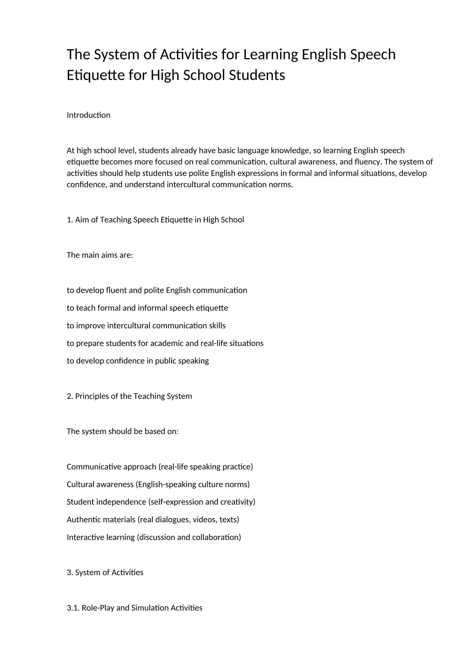 The System of Activities for Learning English Speech Etiquette for High School Students