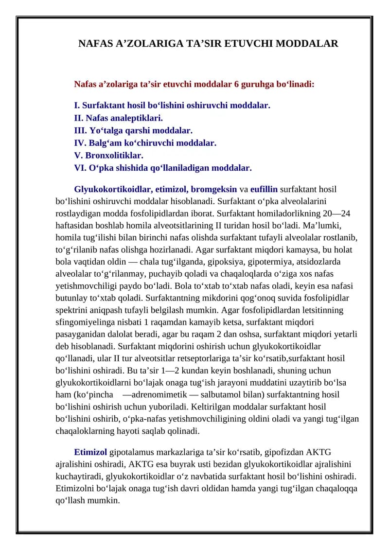 NAFAS A’ZOLARIGA TA’SIR ETUVCHI MODDALAR