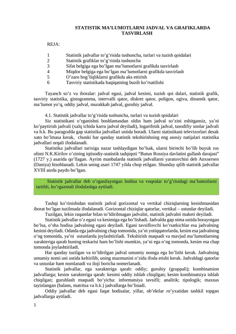 STATISTIK MA’LUMOTLARNI JADVAL VA GRAFIKLARDA TASVIRLASH