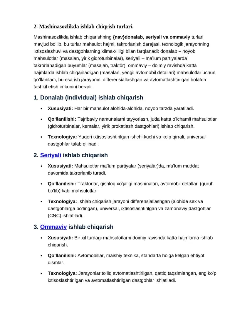 Mashinasozlikda ishlab chiqrish turlari
