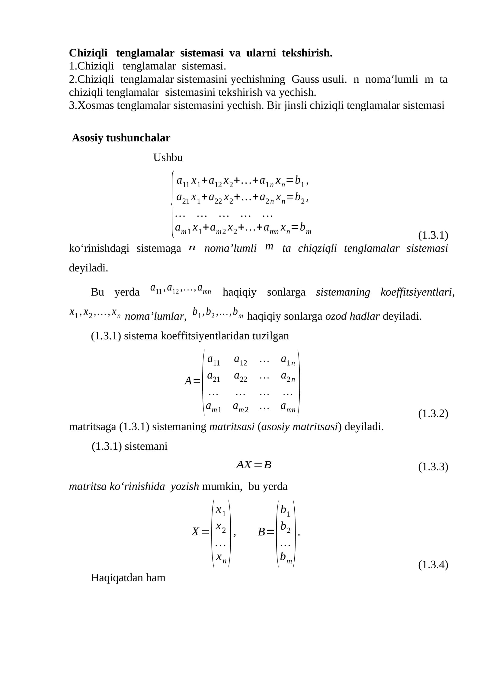 Chiziqli tenglamalar sistemasi va ularni tekshirish