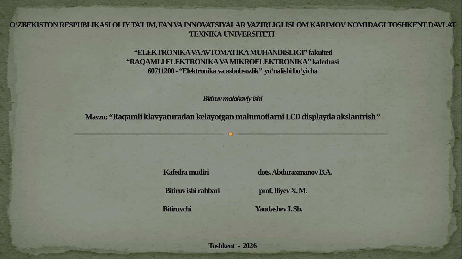 “Raqamli elektronika va mikroelektronika” kafedrasi Bitiruv malakaviy ishi
