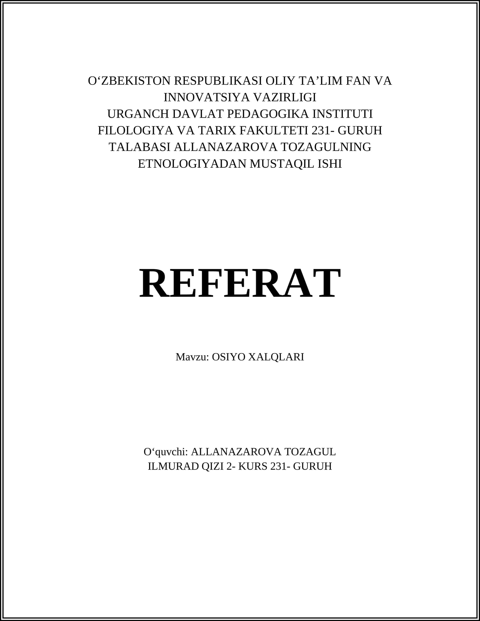 OSIYO XALQLARI REFERAT