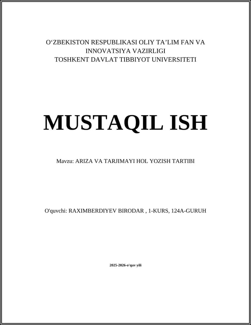 ARIZA VA TARJIMAYI HOL YOZISH TARTIBI