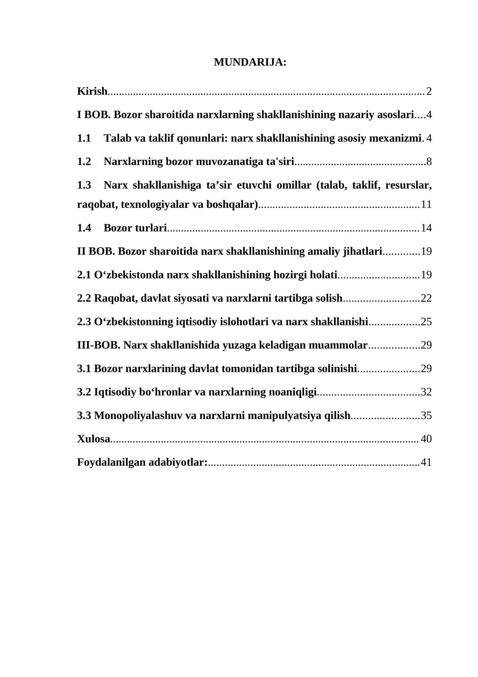 Bozor sharoitida narxlarning shakllanishi.