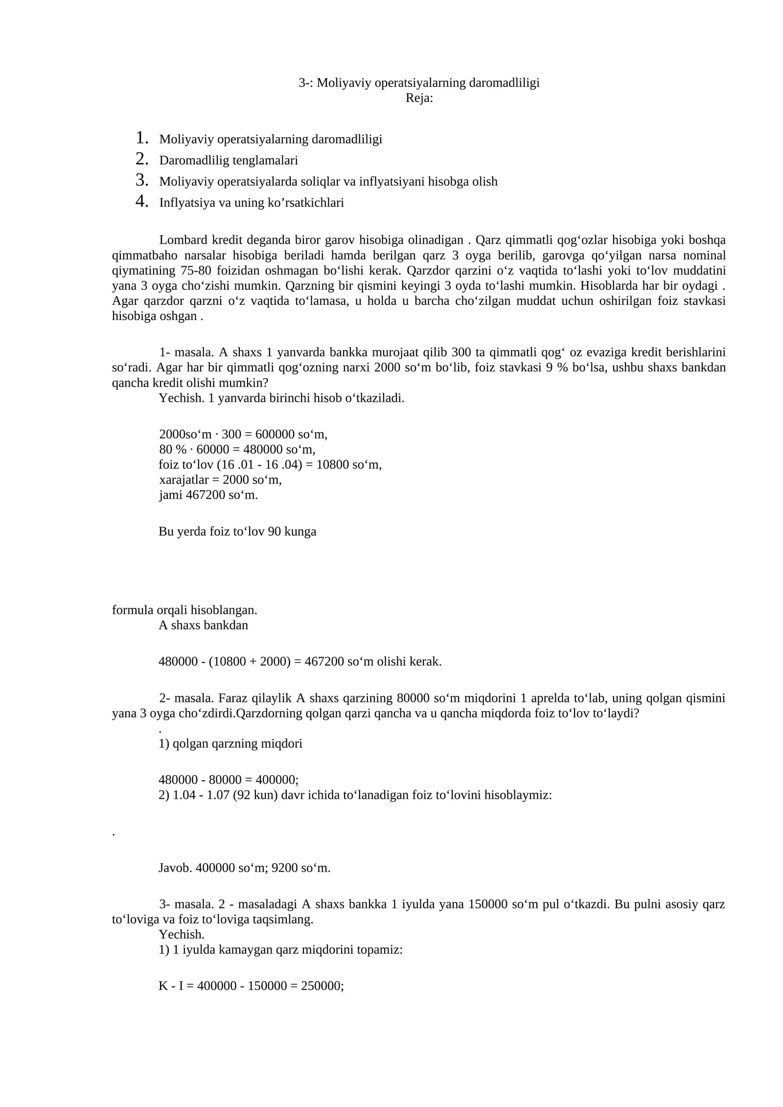 Moliyaviy operatsiyalarning daromadliligi