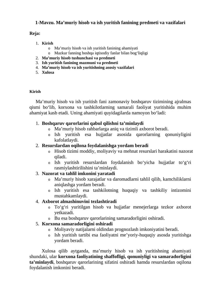 Ma’muriy hisob va ish yuritish fanining predmeti va vazifalari