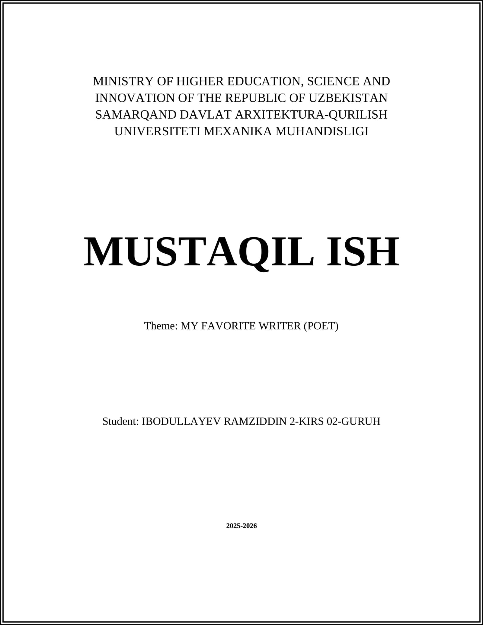 Mavzu: SEVUVOR SHOIRIM (SHOIR)