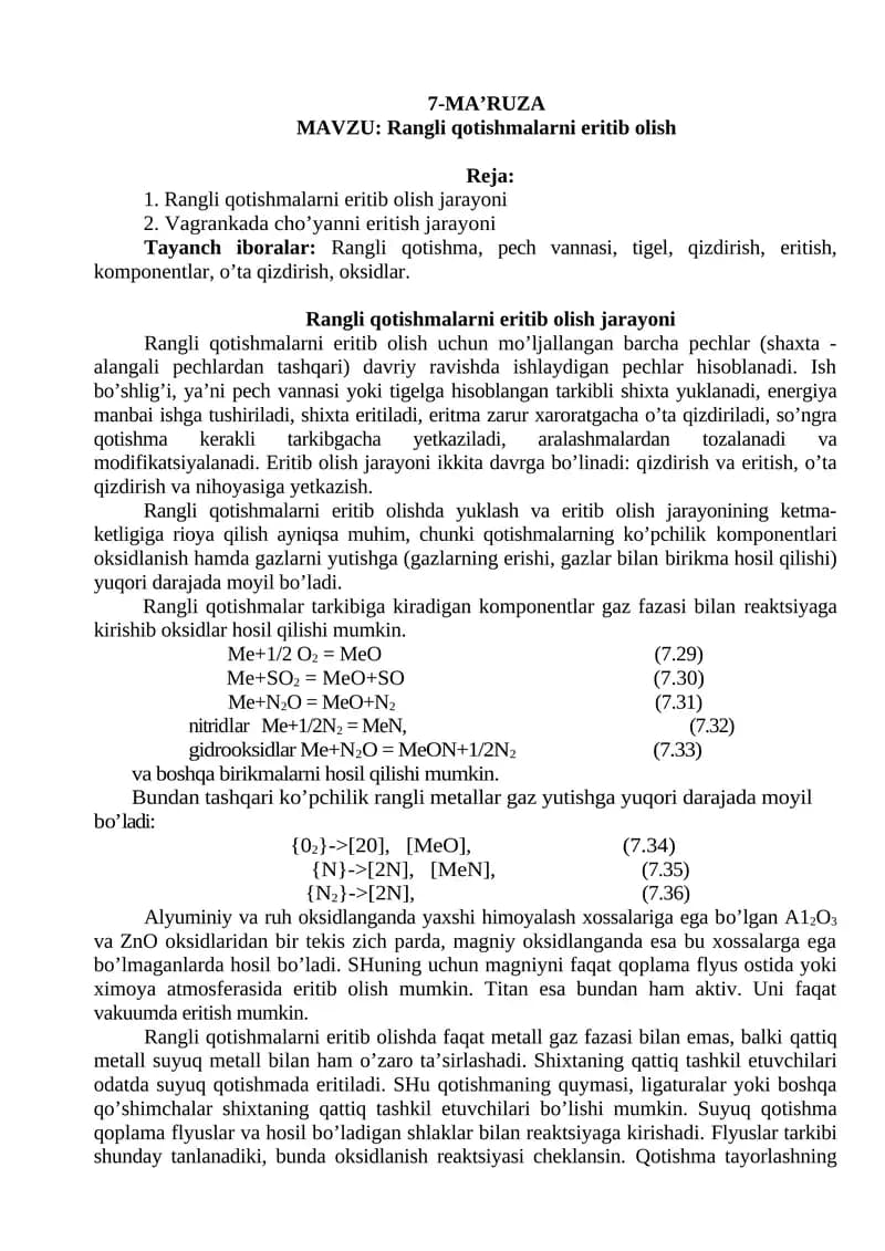 Rangli qotishmalarni eritib olish