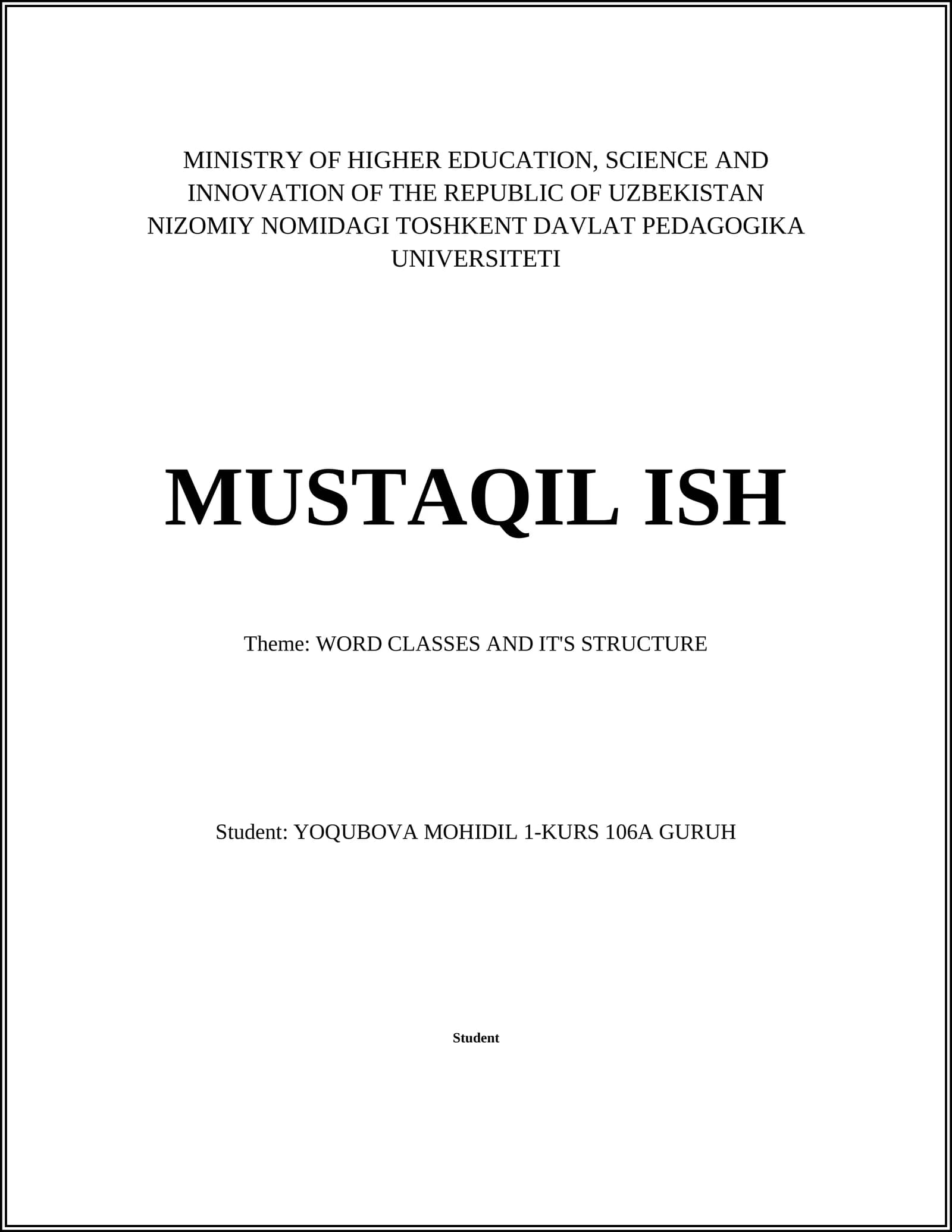 Theme: WORD CLASSES AND IT'S STRUCTURE