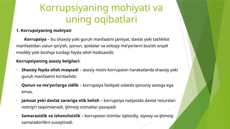 Korrupsiyaning mohiyati va uning oqibatlari