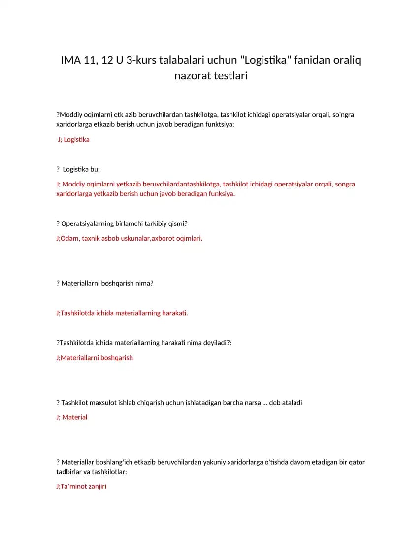 Logistika fanidan oraliq nazorat testlari