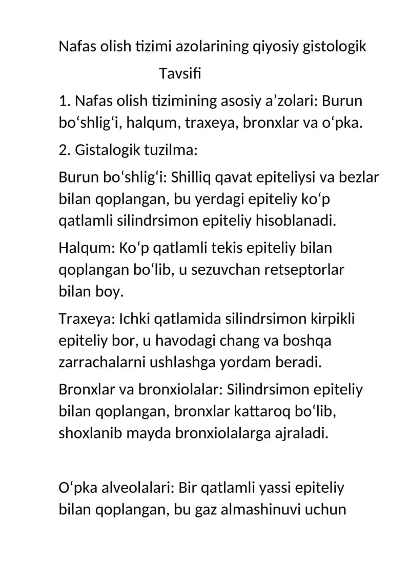 Nafas olish tizimi azolarining qiyosiy gistologik