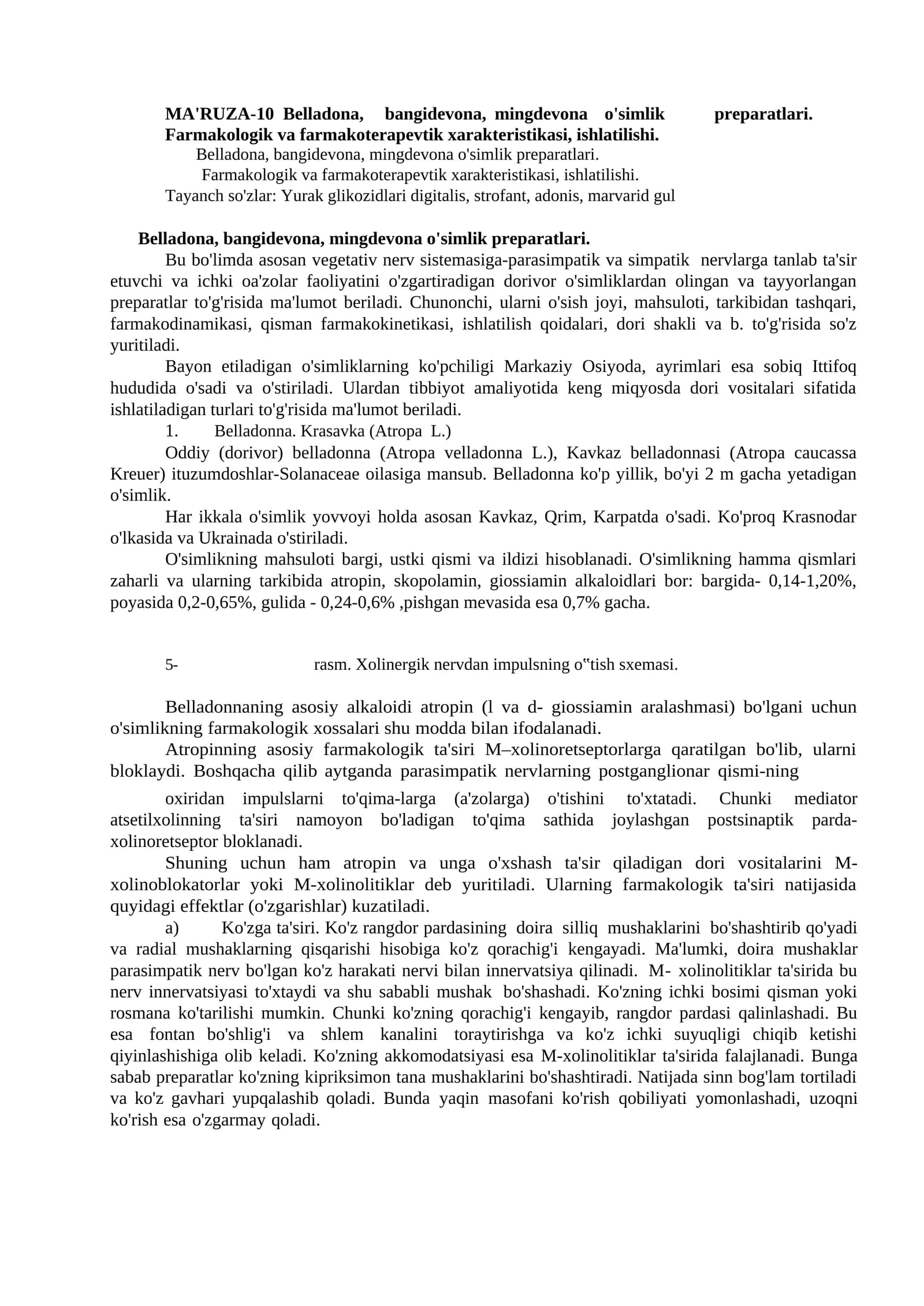 MA'RUZA-10 Belladona, bangidevona, mingdevona o'simlik preparatlari