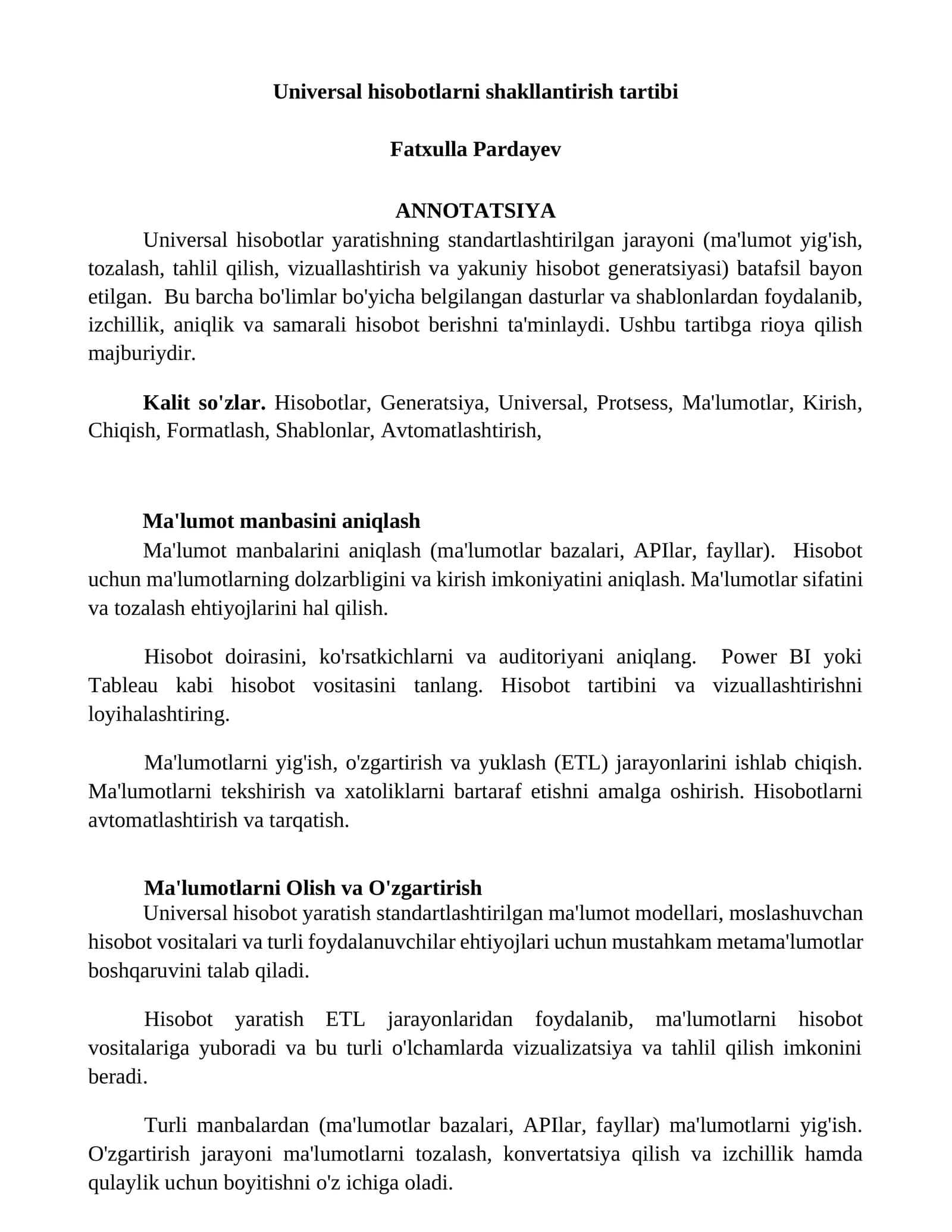 Universal hisobotlarni shakllantirish tartibi