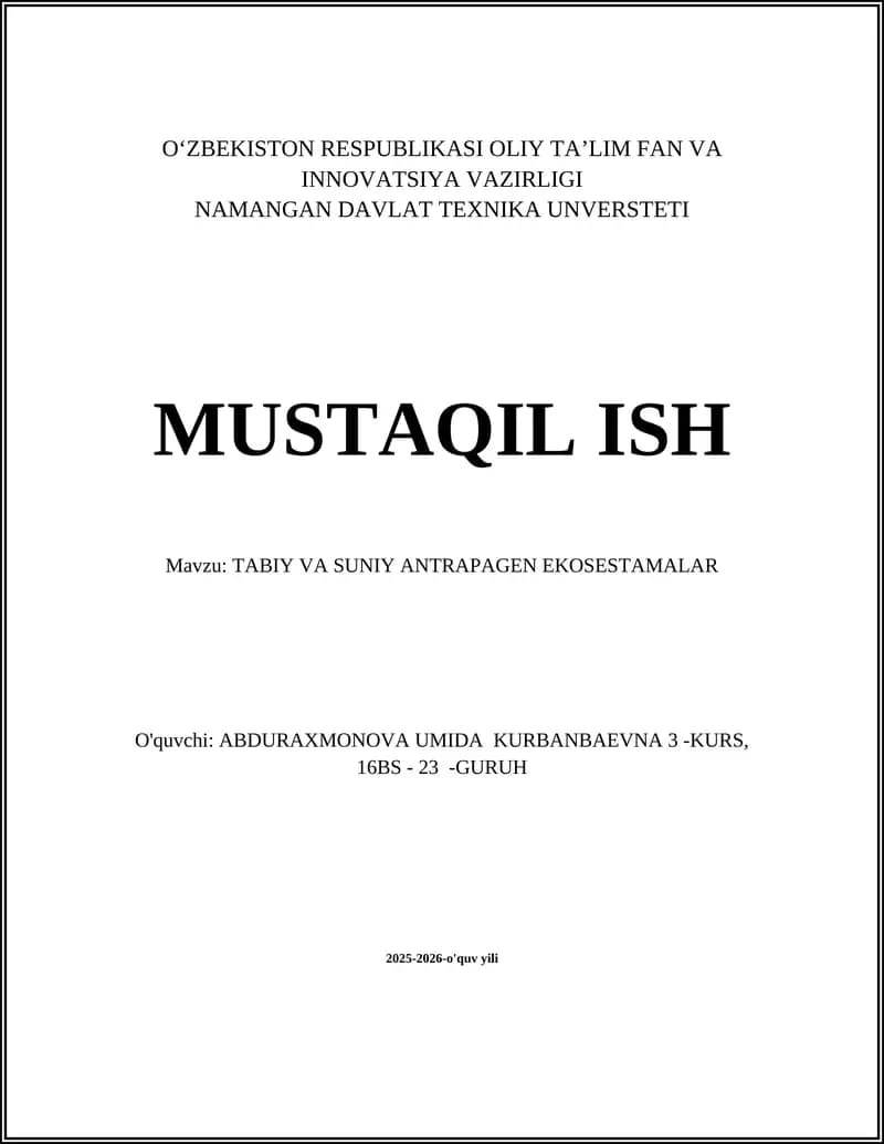 TABIY VA SUNIY ANTRAPAGEN EKOSESTAMALAR