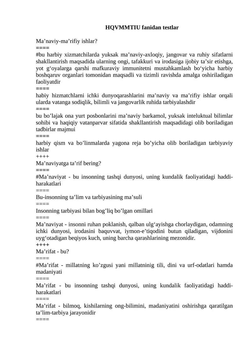 HQVMMTIU fanidan testlar