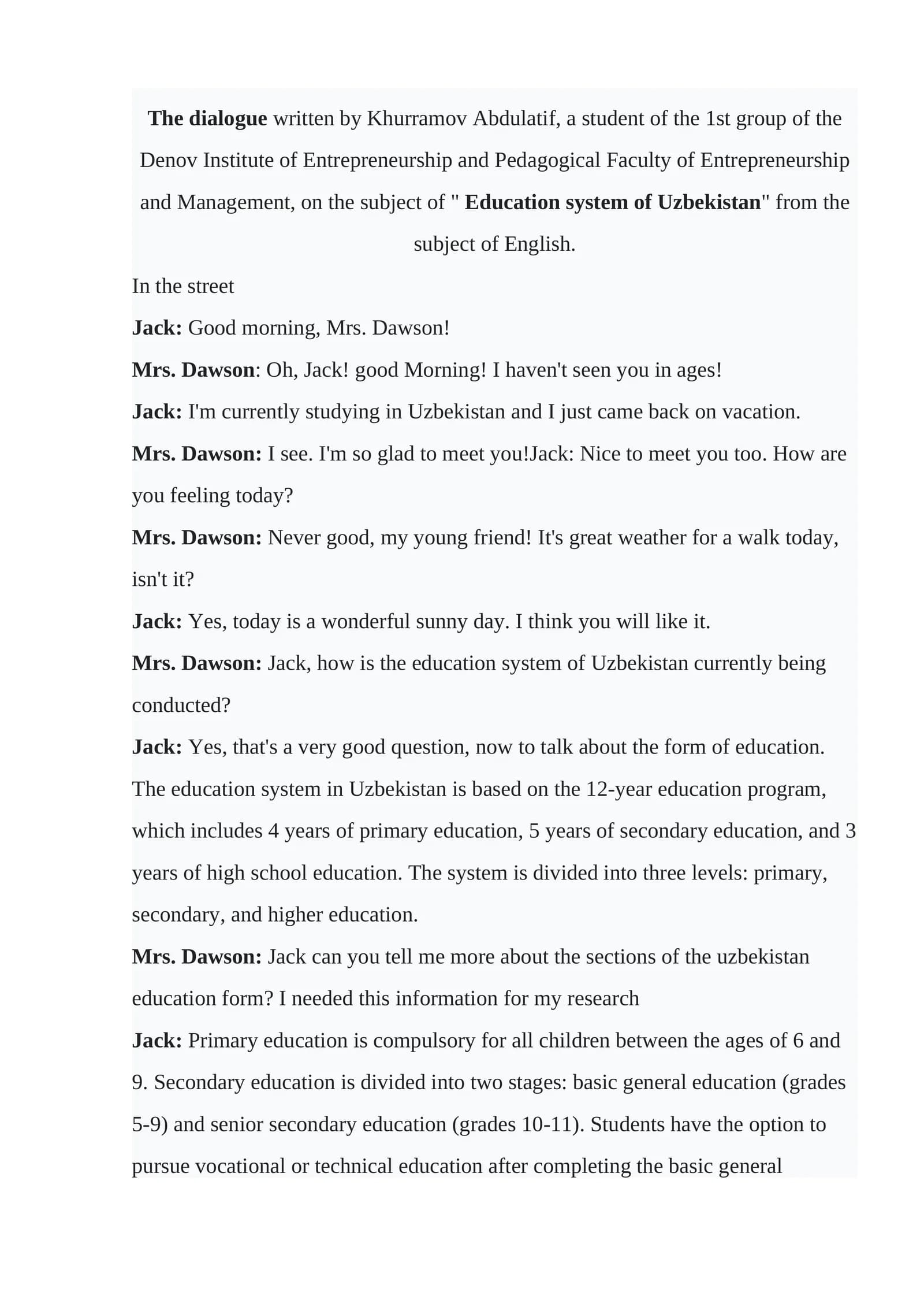 The dialogue  Education system of Uzbekistan