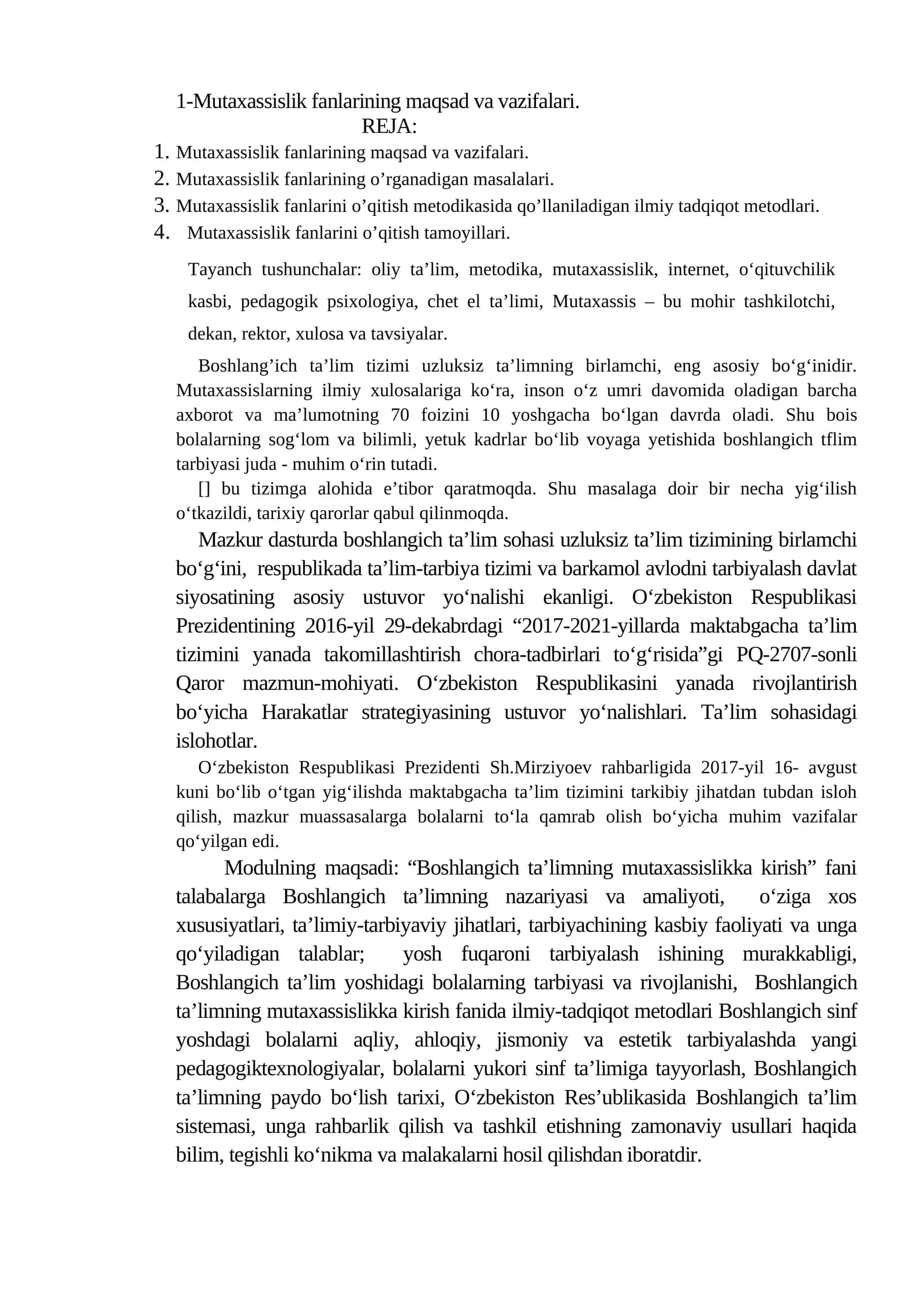 Mutaxassislik fanlarining maqsad va vazifalari