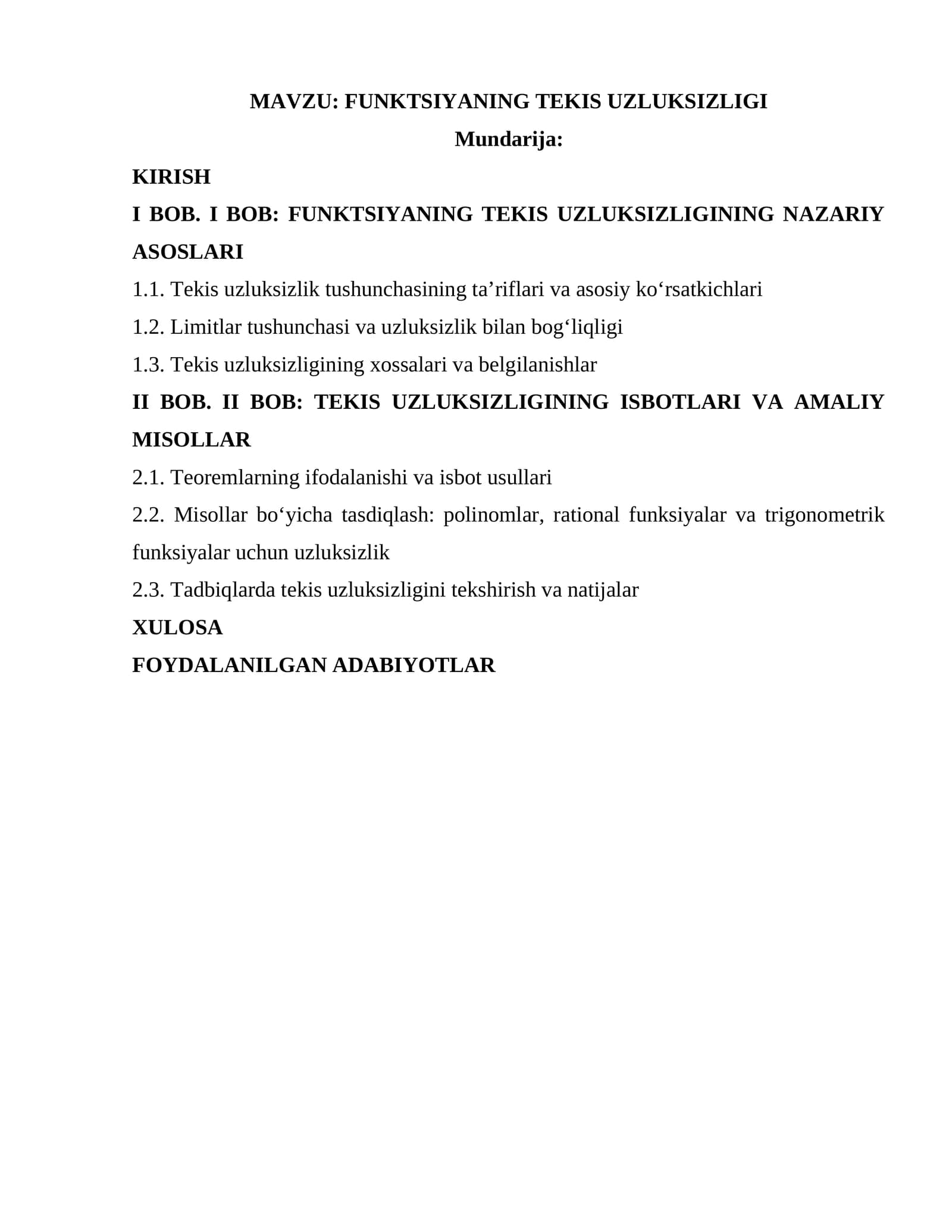 FUNKTSIYANING TEKIS UZLUKSIZLIGI