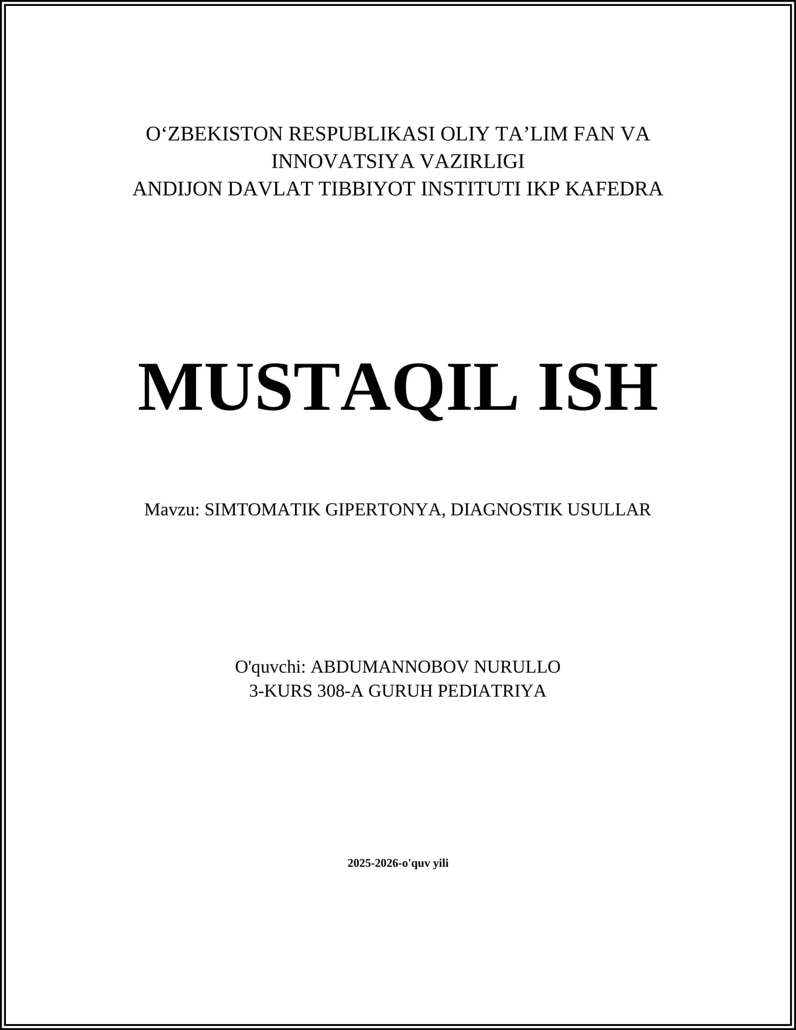 SIMTOMATIK GIPERTONYA, DIAGNOSTIK USULLAR