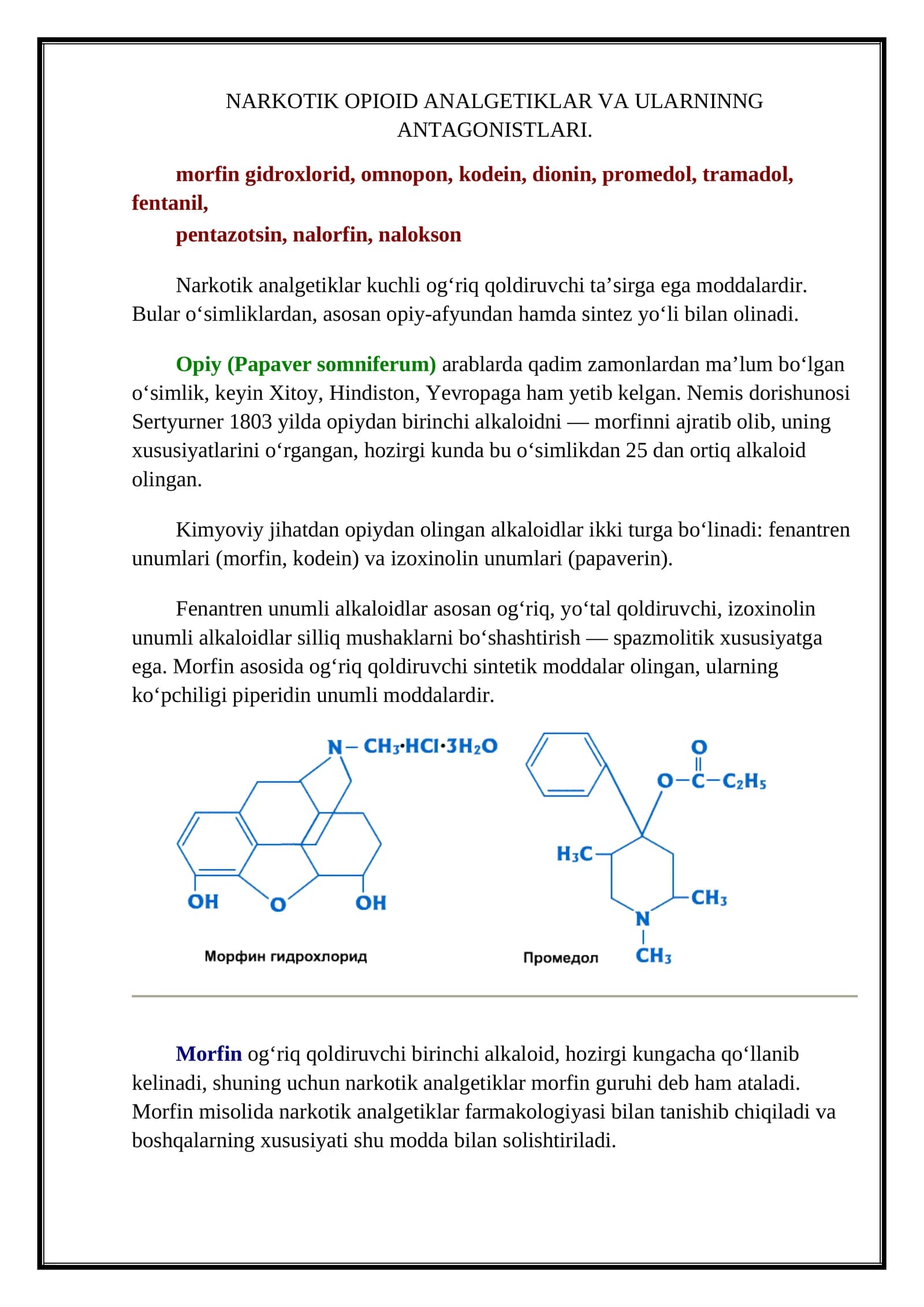 NARKOTIK OPIOID ANALGETIKLAR VA ULARNINNG ANTAGONISTLARI